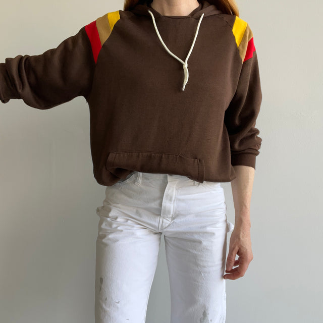 1970/80s Color Block Pullover Hoodie - Brown, Red, Yellow