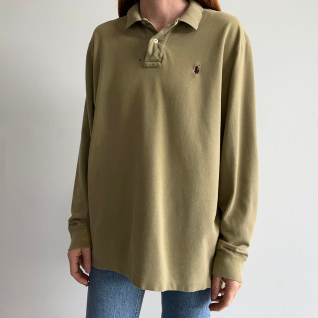 1990/2000s Khaki Ralph Lauren Long Sleeve Polo Shirt with a Single Small Hole