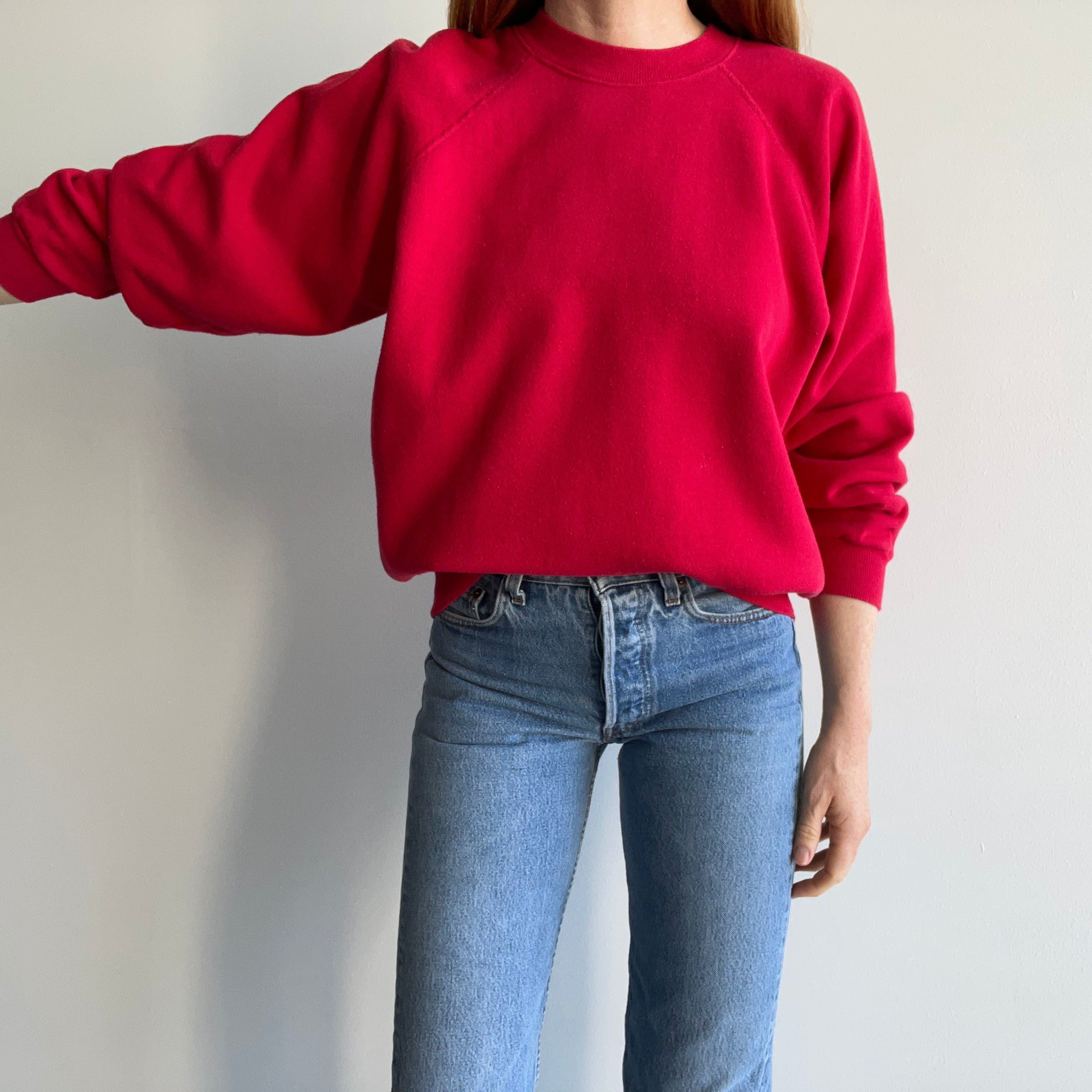 1980s Red/Pink/But More Red Hanes Raglan with a Drop Pit