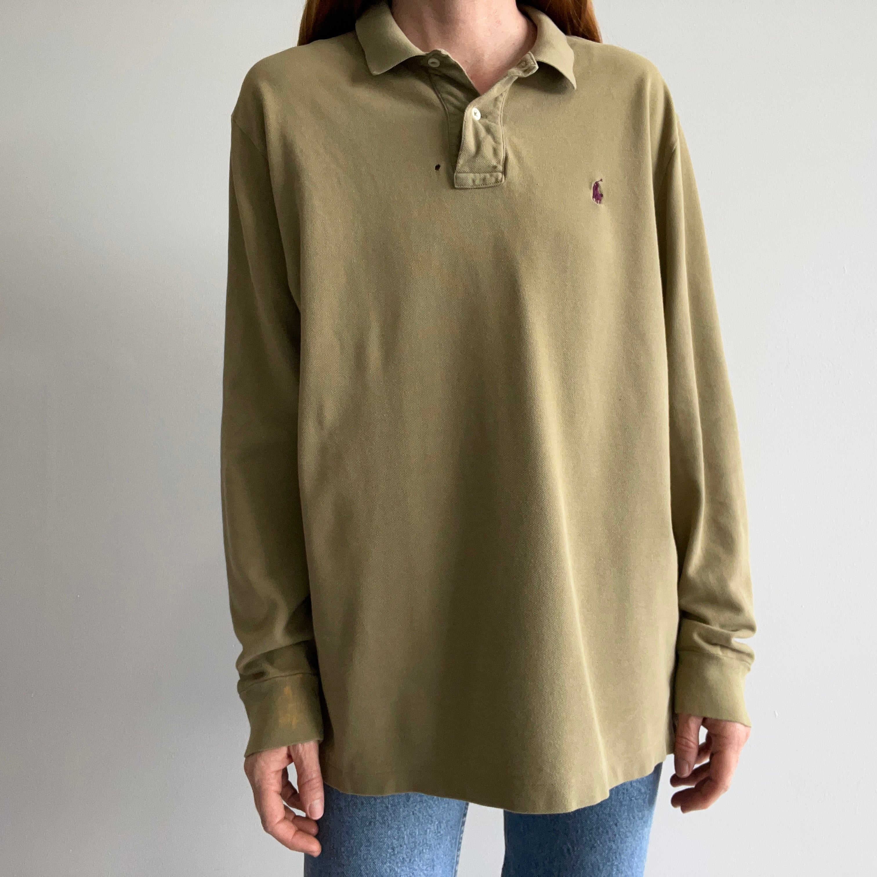 1990/2000s Khaki Ralph Lauren Long Sleeve Polo Shirt with a Single