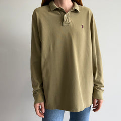 1990/2000s Khaki Ralph Lauren Long Sleeve Polo Shirt with a Single Small Hole