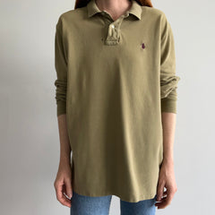 1990/2000s Khaki Ralph Lauren Long Sleeve Polo Shirt with a Single Small Hole