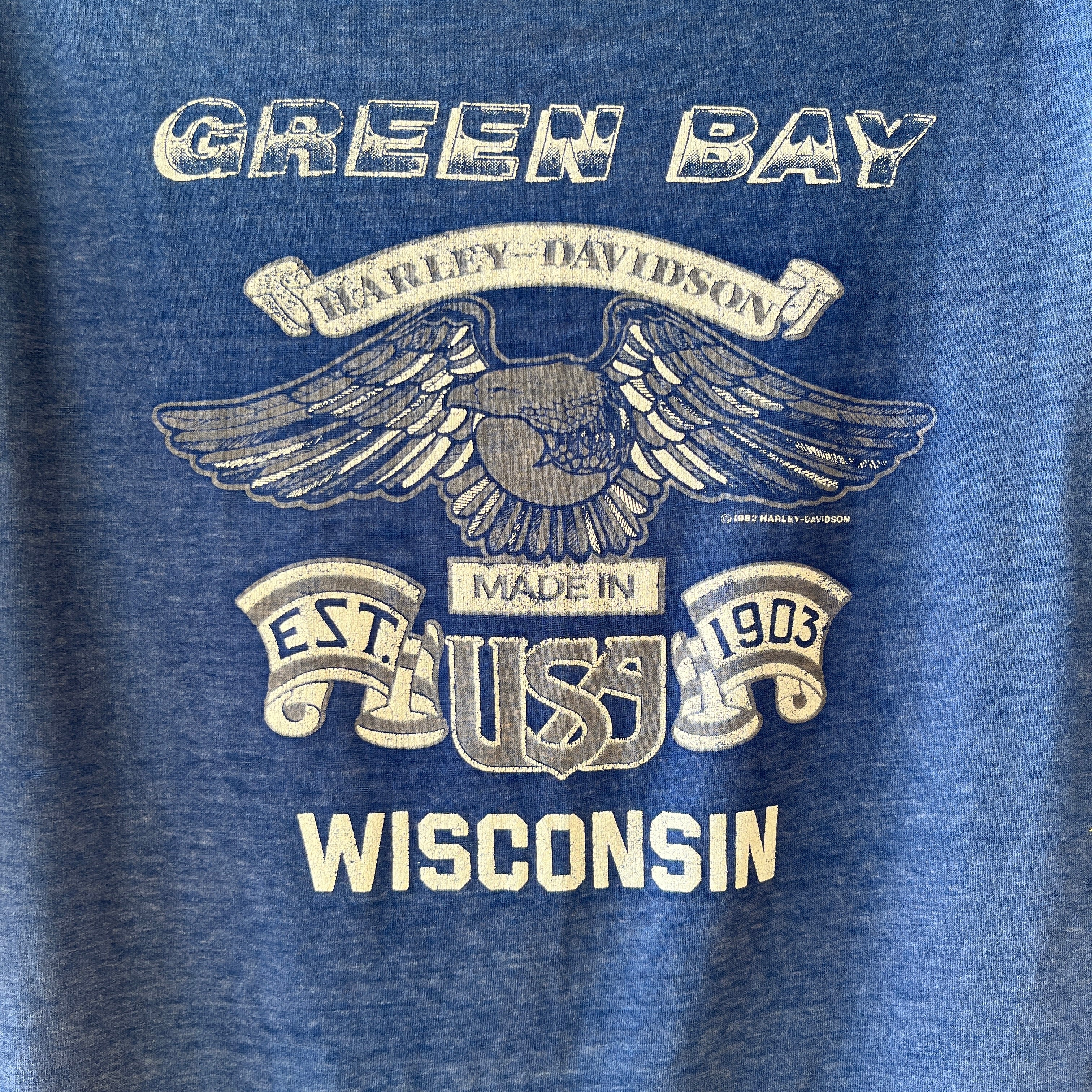 1982 Paper Thin Harley T Shirt Green Bay Wisconsin - GOLD