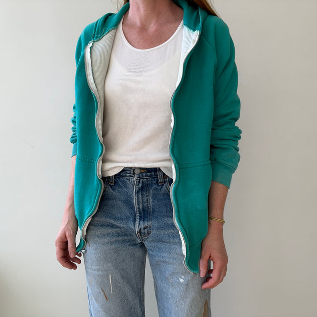 1970s Thermal Lined Teal Zip Up Hoodie