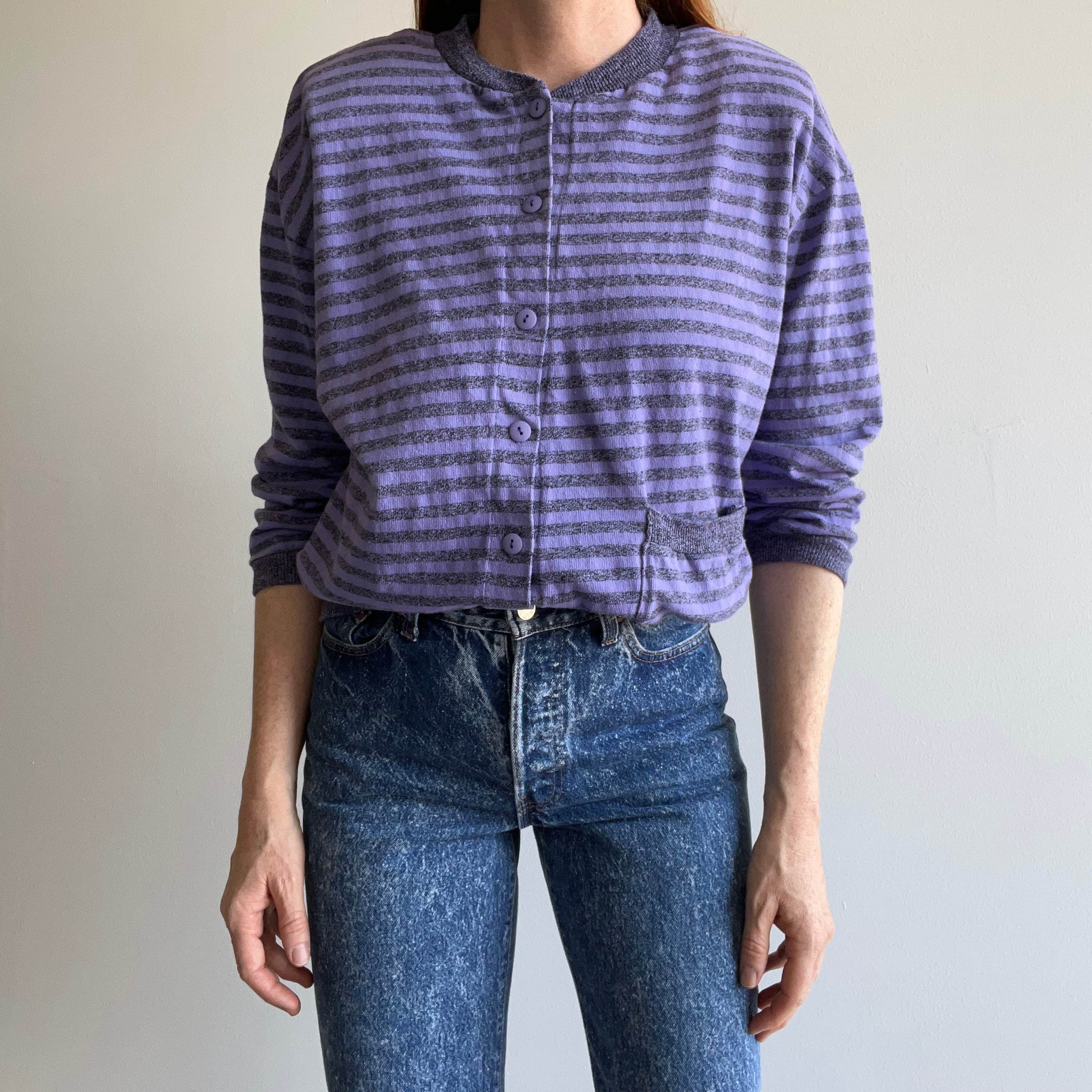 1980s Striped Button Up Single Pocket Knit Sweater with Shoulder Pads by Contempo (Who Remembers?!)