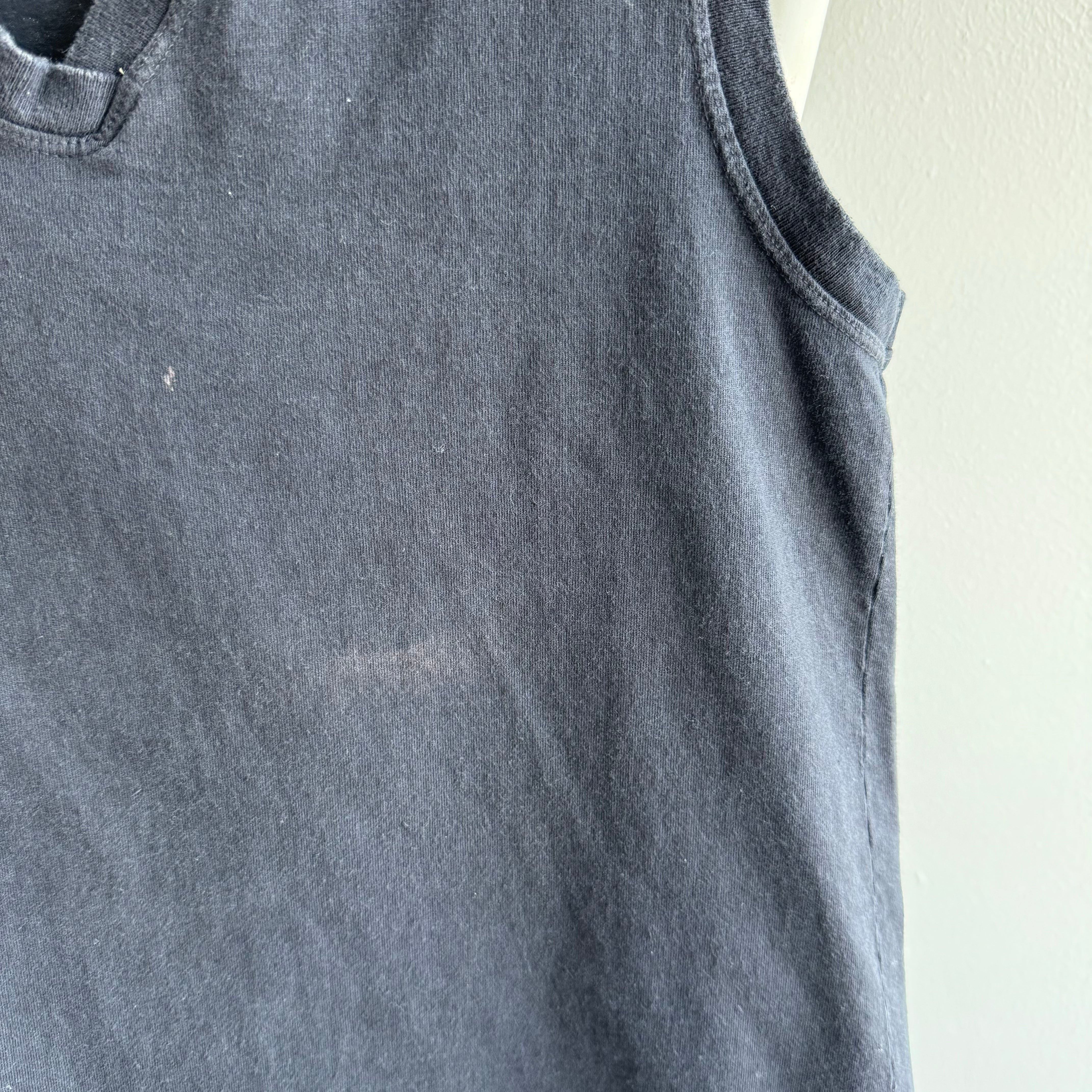 1980s USA Made GAP Cotton V-Neck Blank Black Tank Top