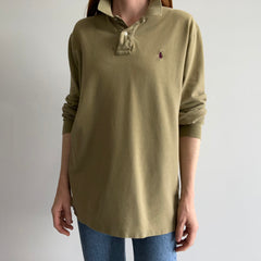 1990/2000s Khaki Ralph Lauren Long Sleeve Polo Shirt with a Single Small Hole