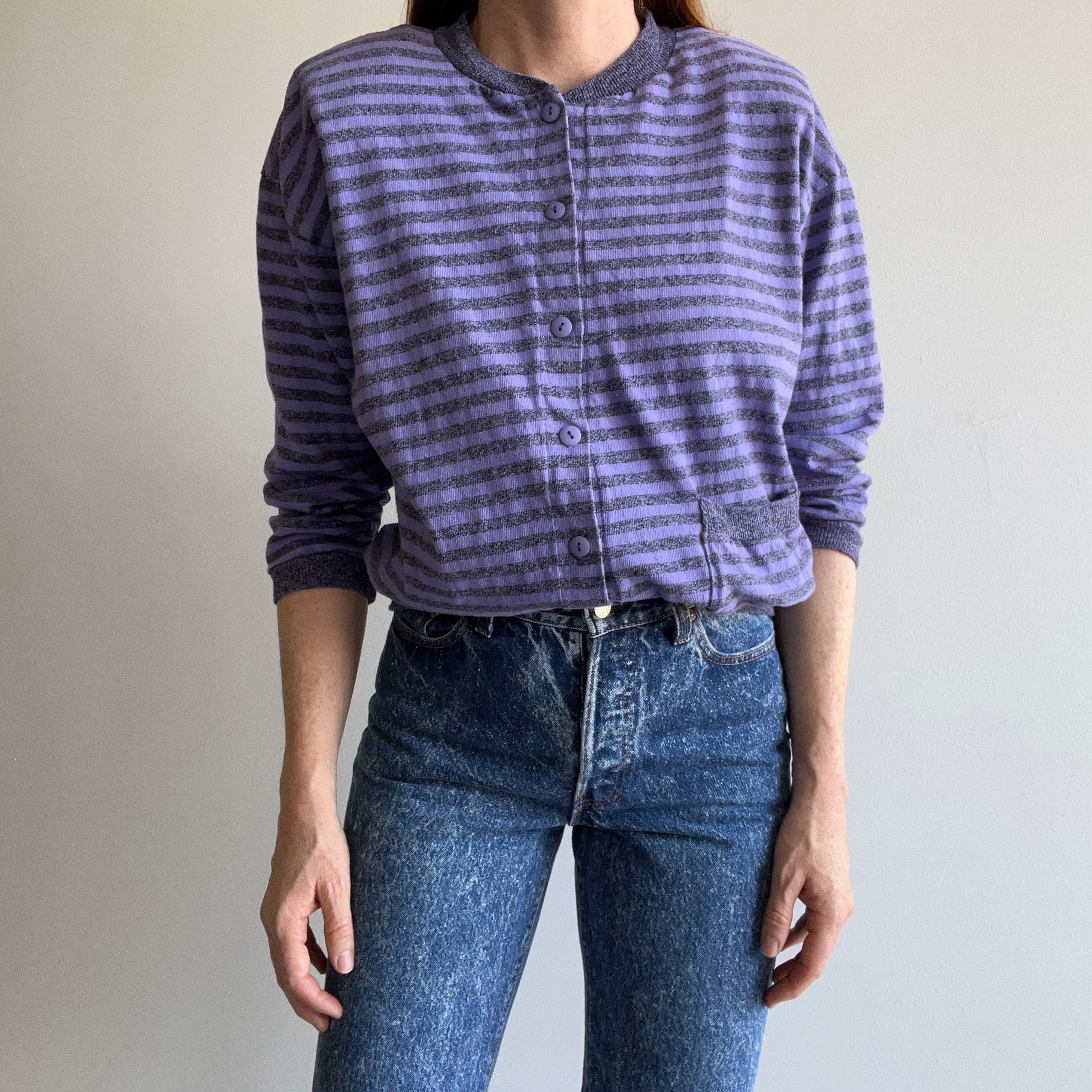 1980s Striped Button Up Single Pocket Knit Sweater with Shoulder Pads by Contempo (Who Remembers?!)