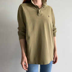 1990/2000s Khaki Ralph Lauren Long Sleeve Polo Shirt with a Single Small Hole