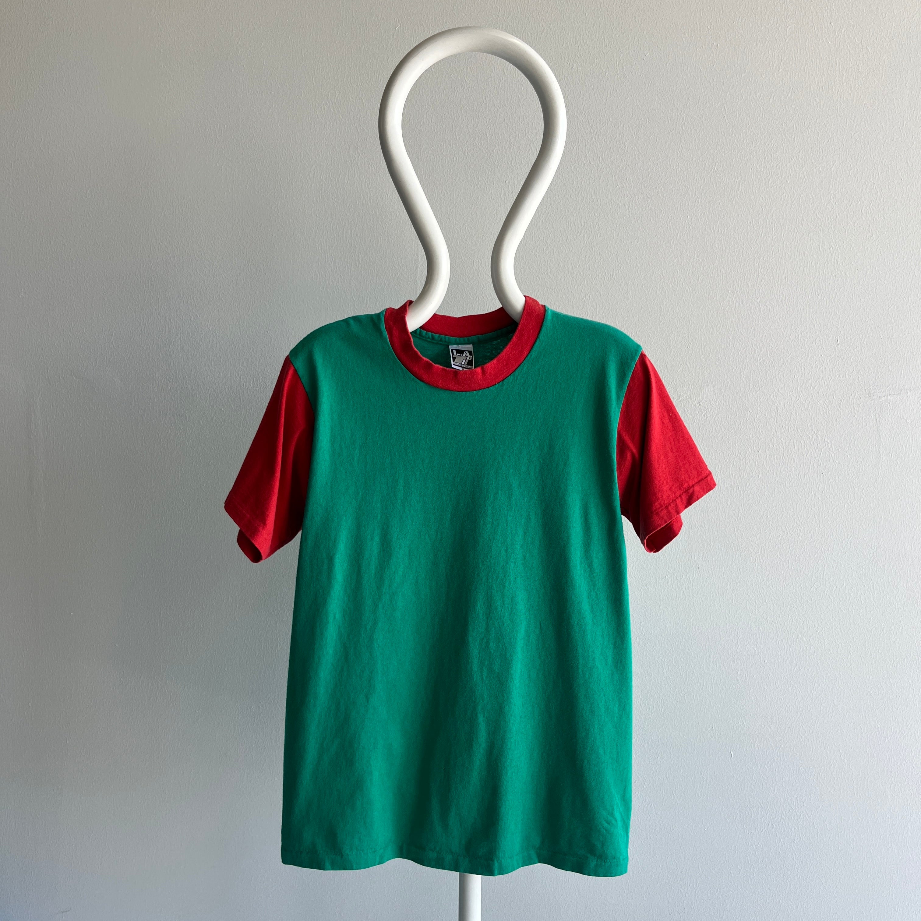 1980s Teel Green and Red Two Tone T-Shirt with Extreme Sun Fading