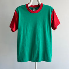 1980s Teel Green and Red Two Tone T-Shirt with Extreme Sun Fading