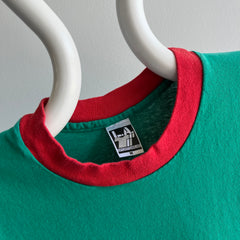 1980s Teel Green and Red Two Tone T-Shirt with Extreme Sun Fading