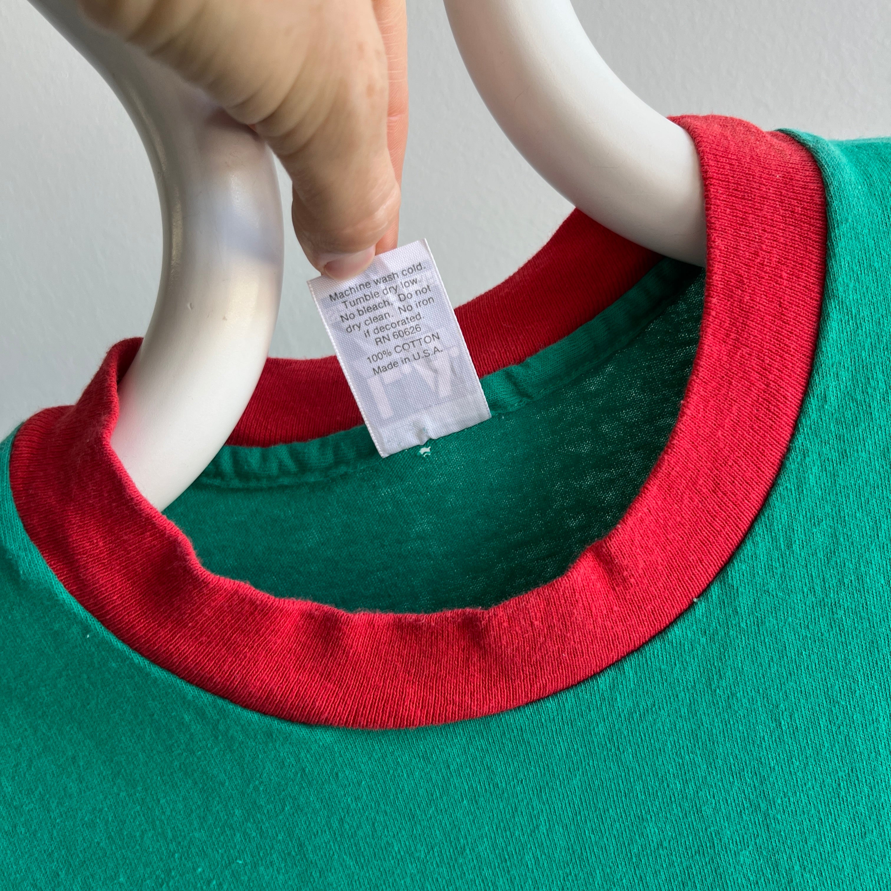 1980s Teel Green and Red Two Tone T-Shirt with Extreme Sun Fading