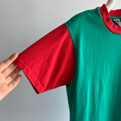 1980s Teel Green and Red Two Tone T-Shirt with Extreme Sun Fading