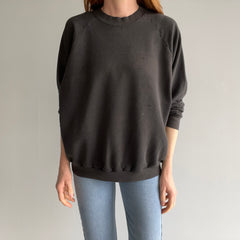 1980s Thinned Out and Disheveled Faded Black to Deep Gray Raglan