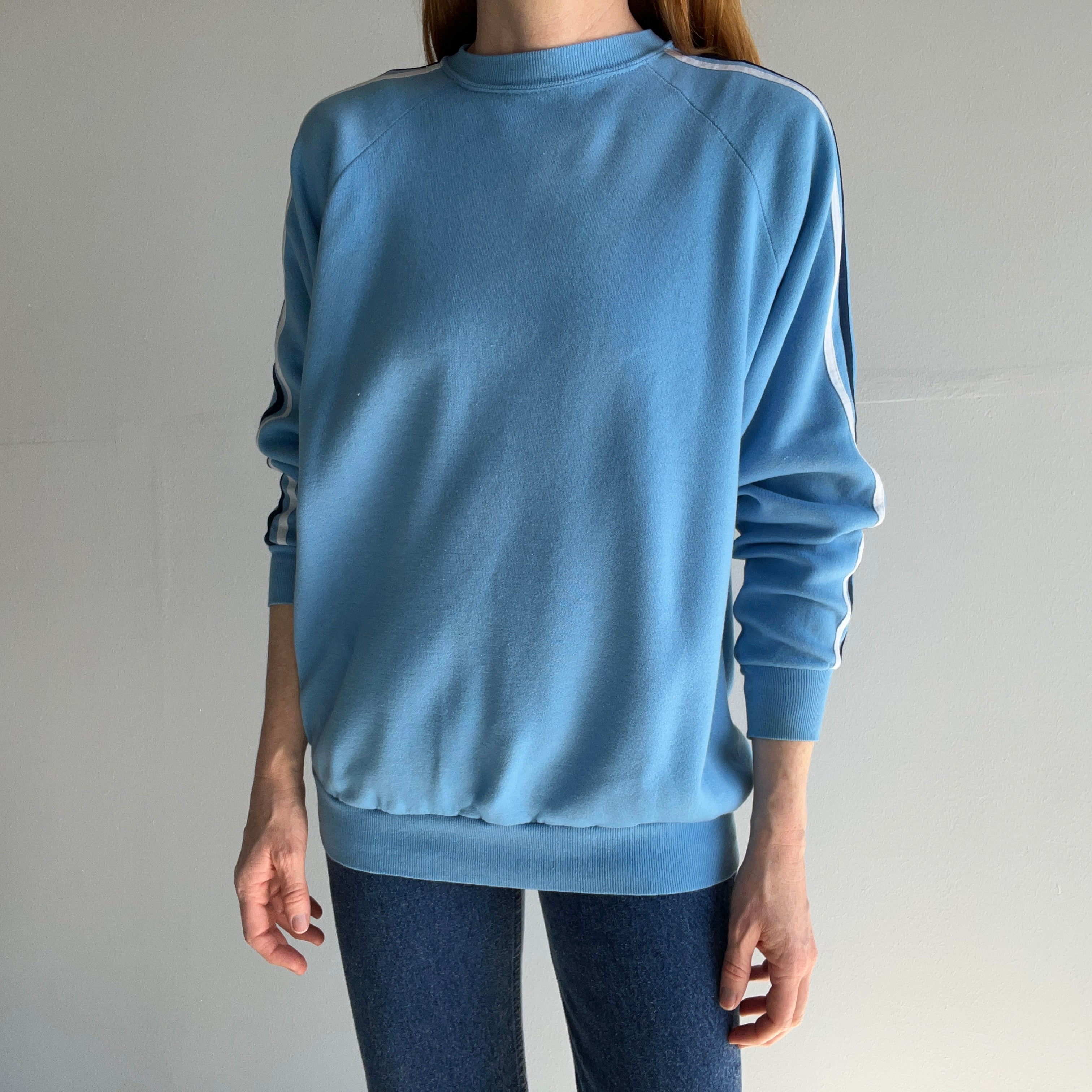 1970/80s Sleeve Stripe Sweatshirt in a Periwinkle-ish Blue