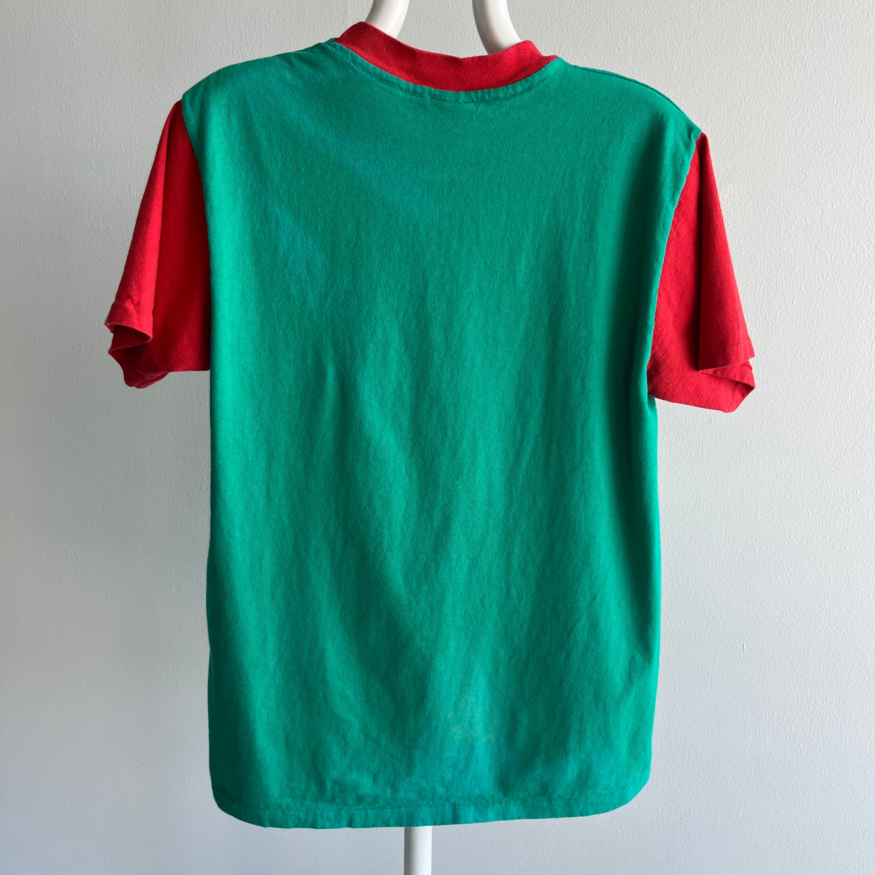 1980s Teel Green and Red Two Tone T-Shirt with Extreme Sun Fading