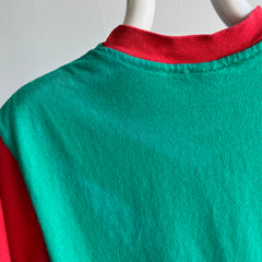 1980s Teel Green and Red Two Tone T-Shirt with Extreme Sun Fading