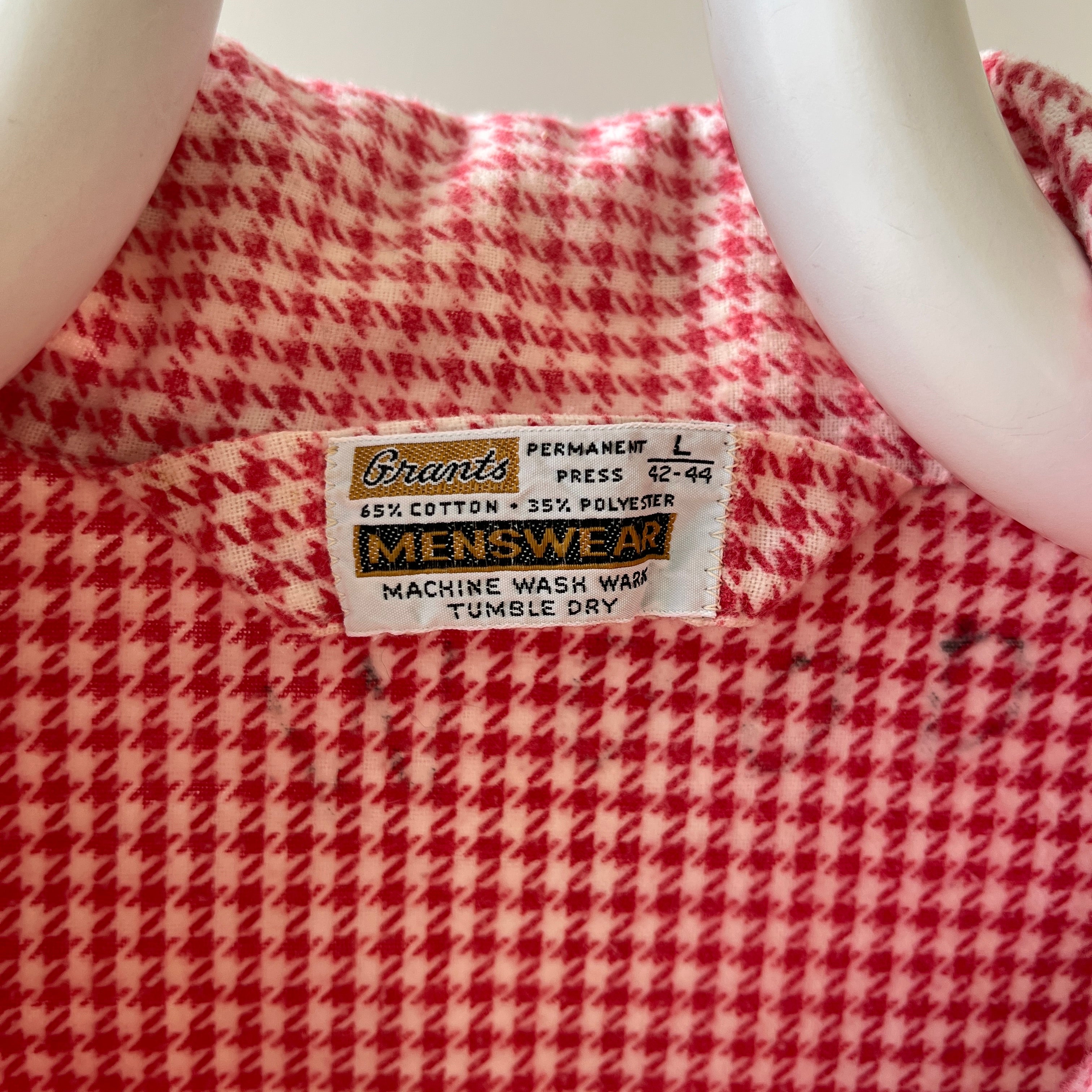 1960s/70s Red And White Houndstooth Pajama Top - Soft Lightweight Cotton Flannel