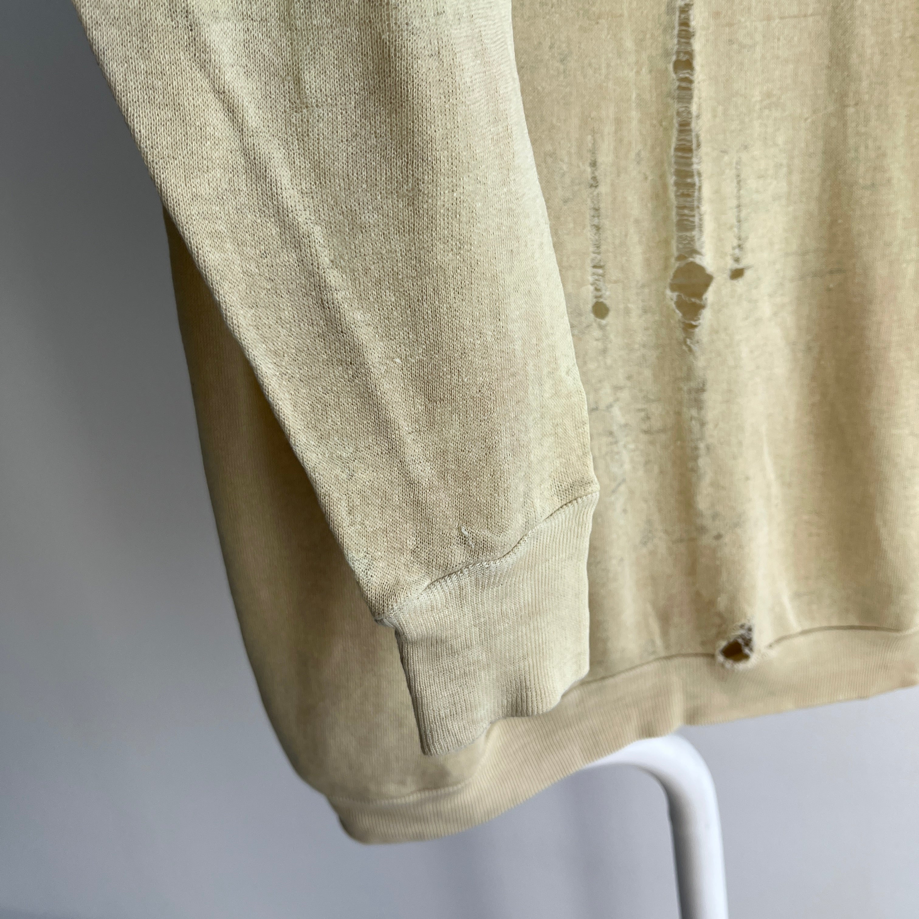 1970s Tissue Paper Thin and Sun Faded Blank Faded Khaki/Tan/English Breakfast with Milk Raglan