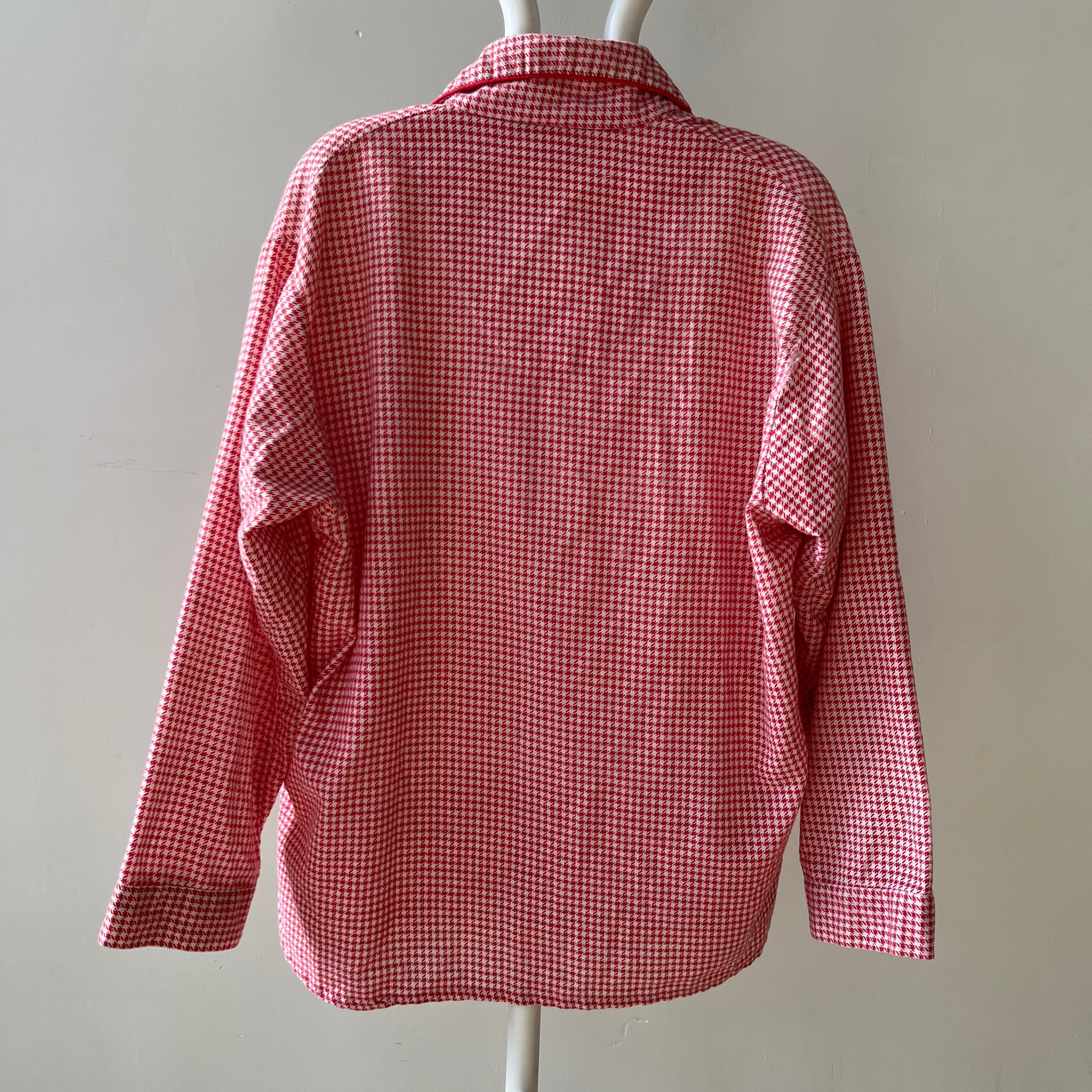 1960s/70s Red And White Houndstooth Pajama Top - Soft Lightweight Cotton Flannel