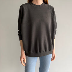 1980s Thinned Out and Disheveled Faded Black to Deep Gray Raglan