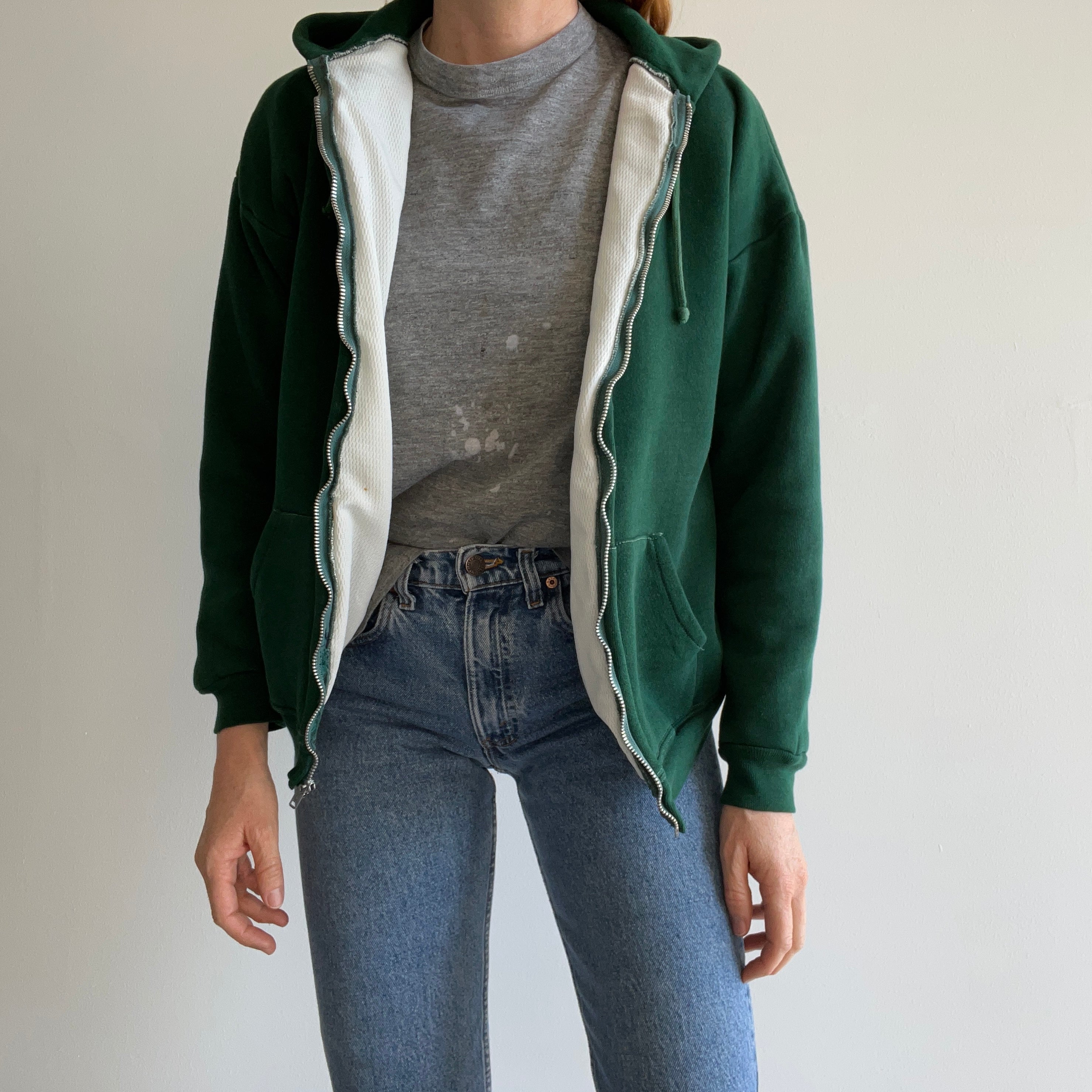 1970s Insulated Forest Green Hoodie with Contrast Stitching