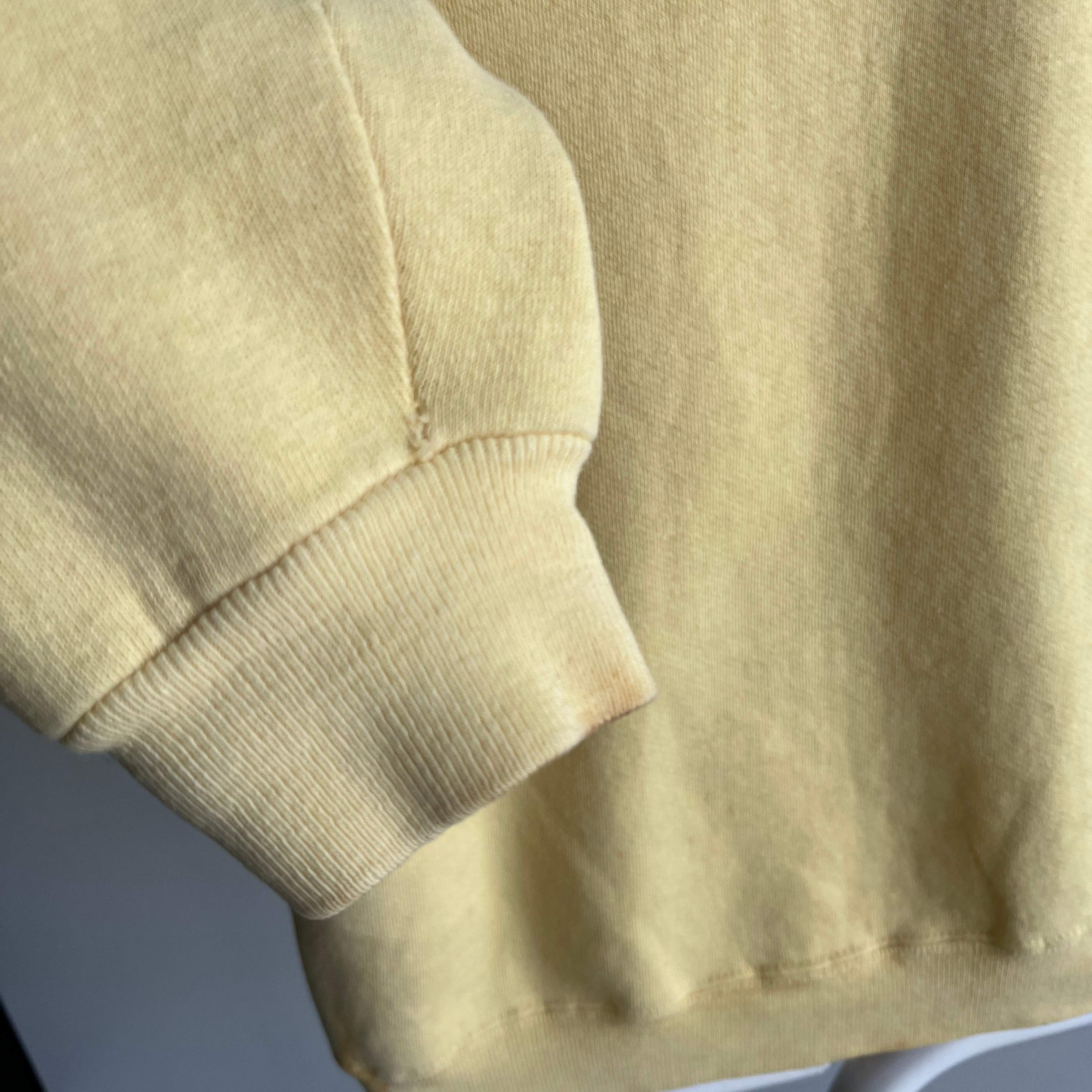 1970s Super Stained Mostly/All Cotton ? Buttery Yellow Structured Shorter Long Sleeve Sweatshirt - SWOON