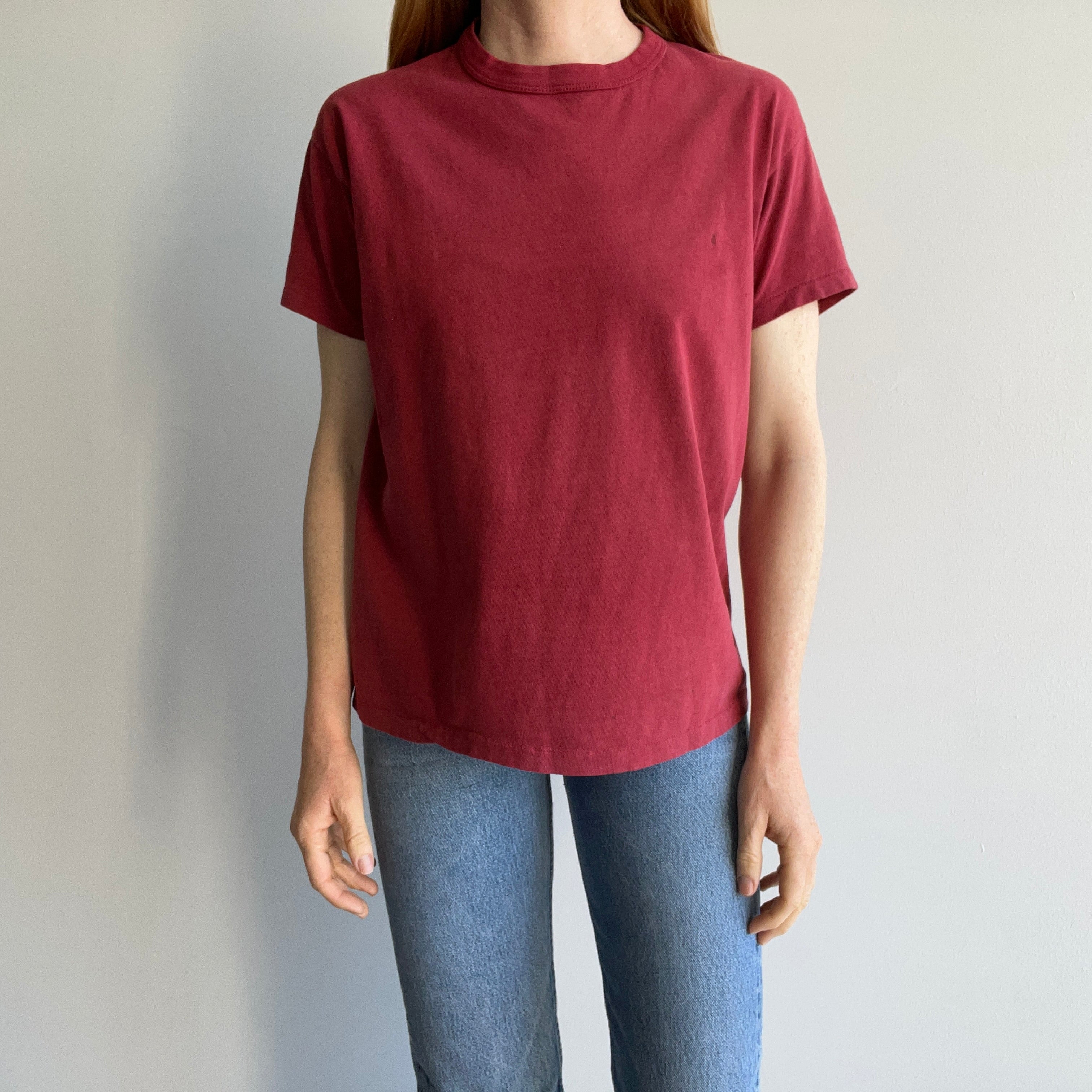 1980s Faded Cotton Rolled Neck Russell Brick Colored T-Shirt