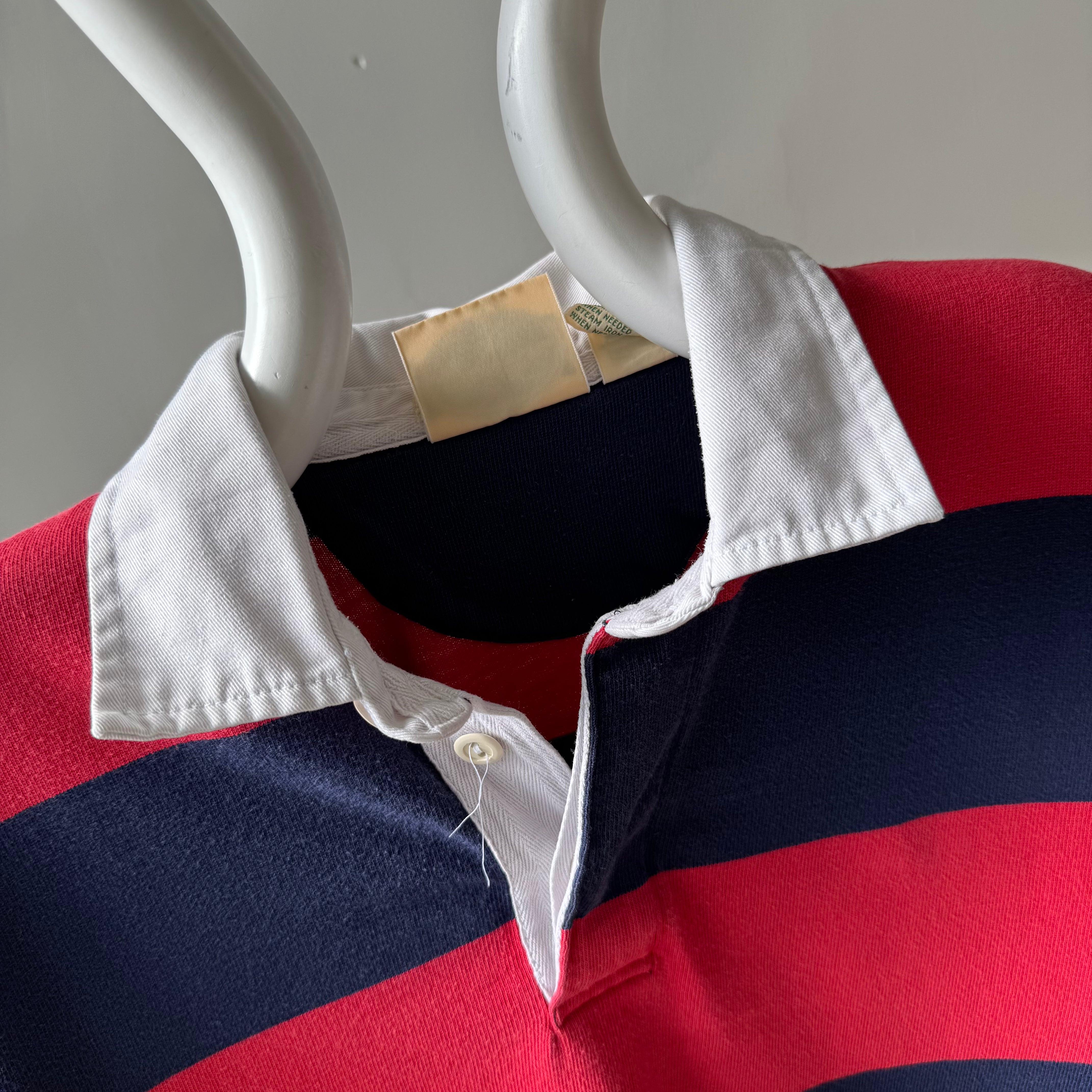 1980s Red and Navy St. John's Bay Awesome Rugby Shirt