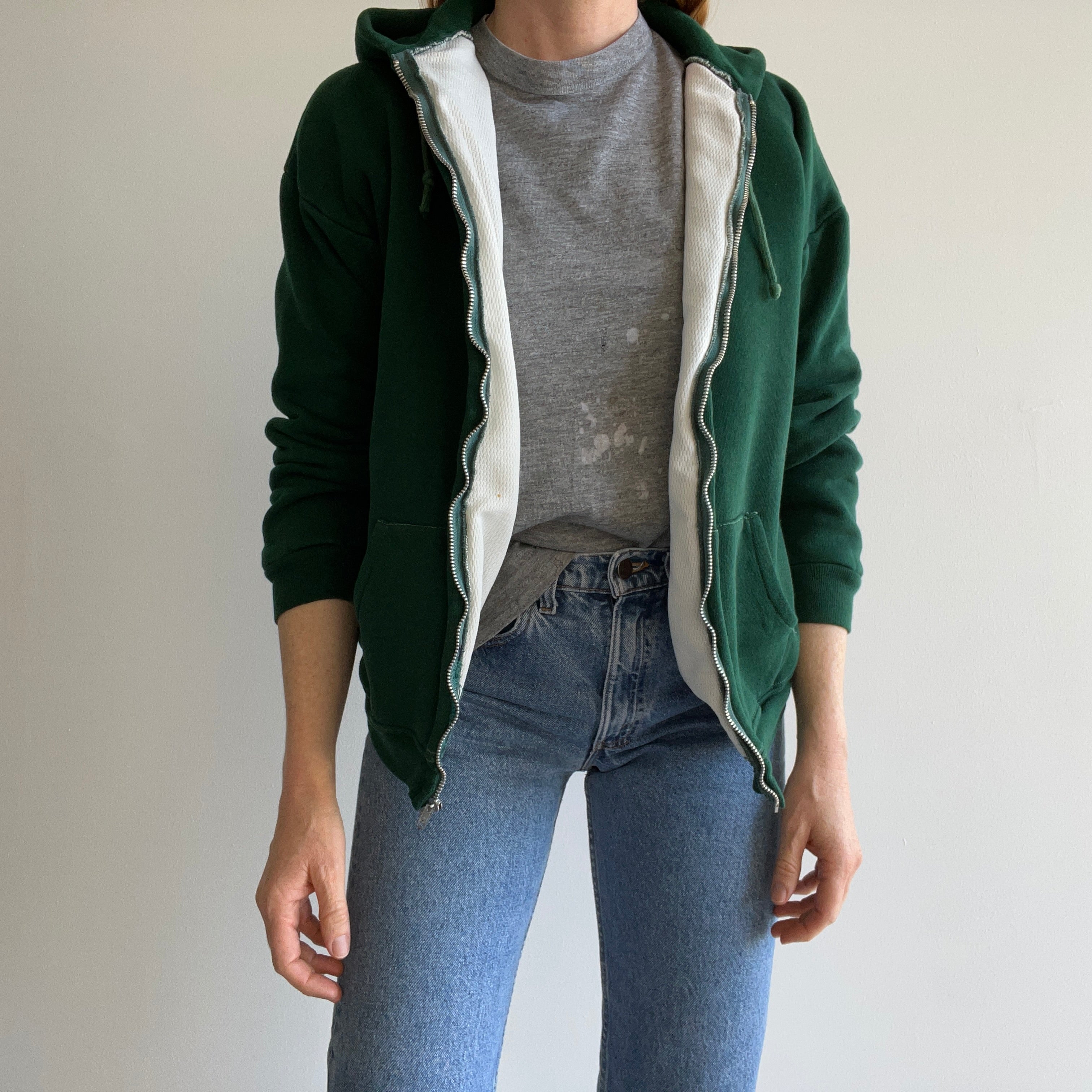 1970s Insulated Forest Green Hoodie with Contrast Stitching