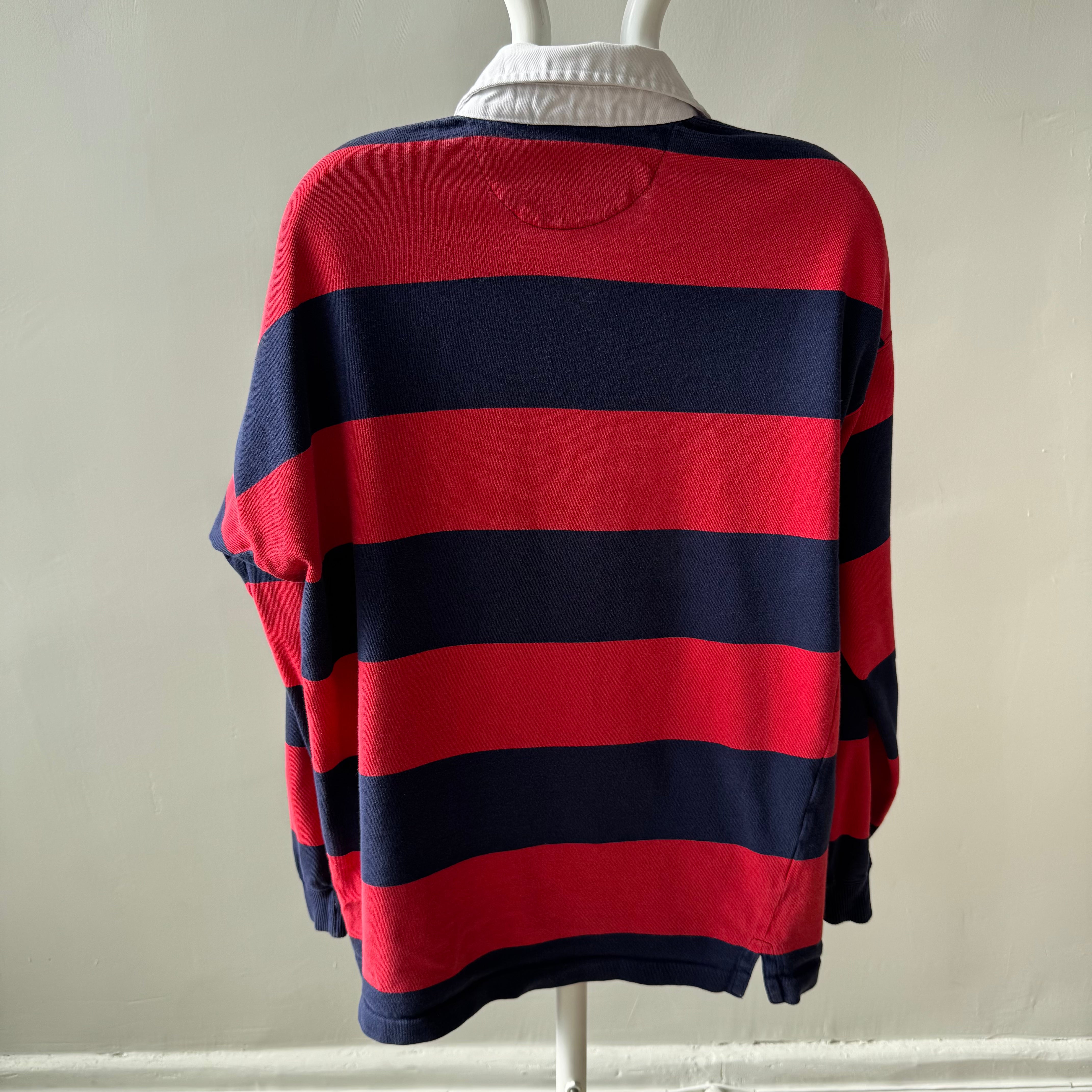 1980s Red and Navy St. John's Bay Awesome Rugby Shirt