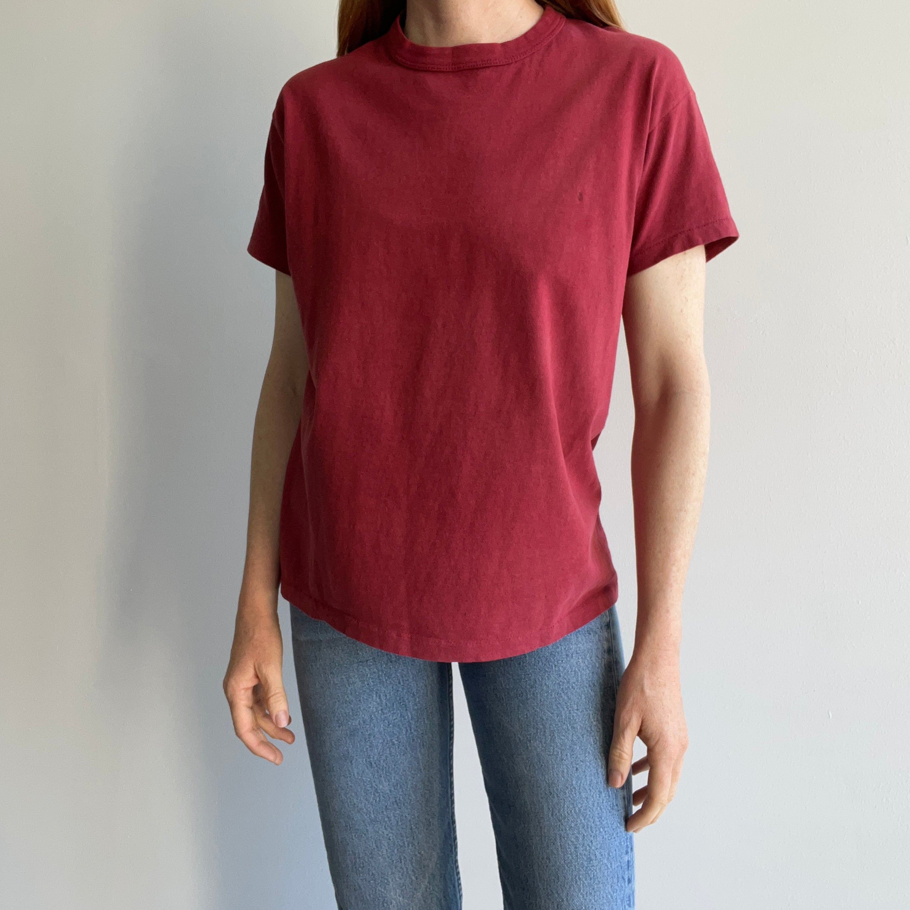 1980s Faded Cotton Rolled Neck Russell Brick Colored T-Shirt