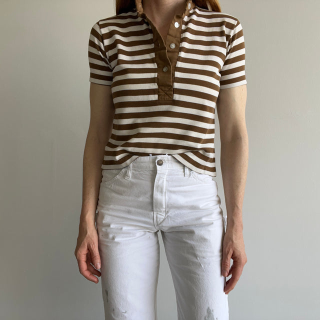 1960s Short Sleeve Brown and White Henley Knit T-Shirt