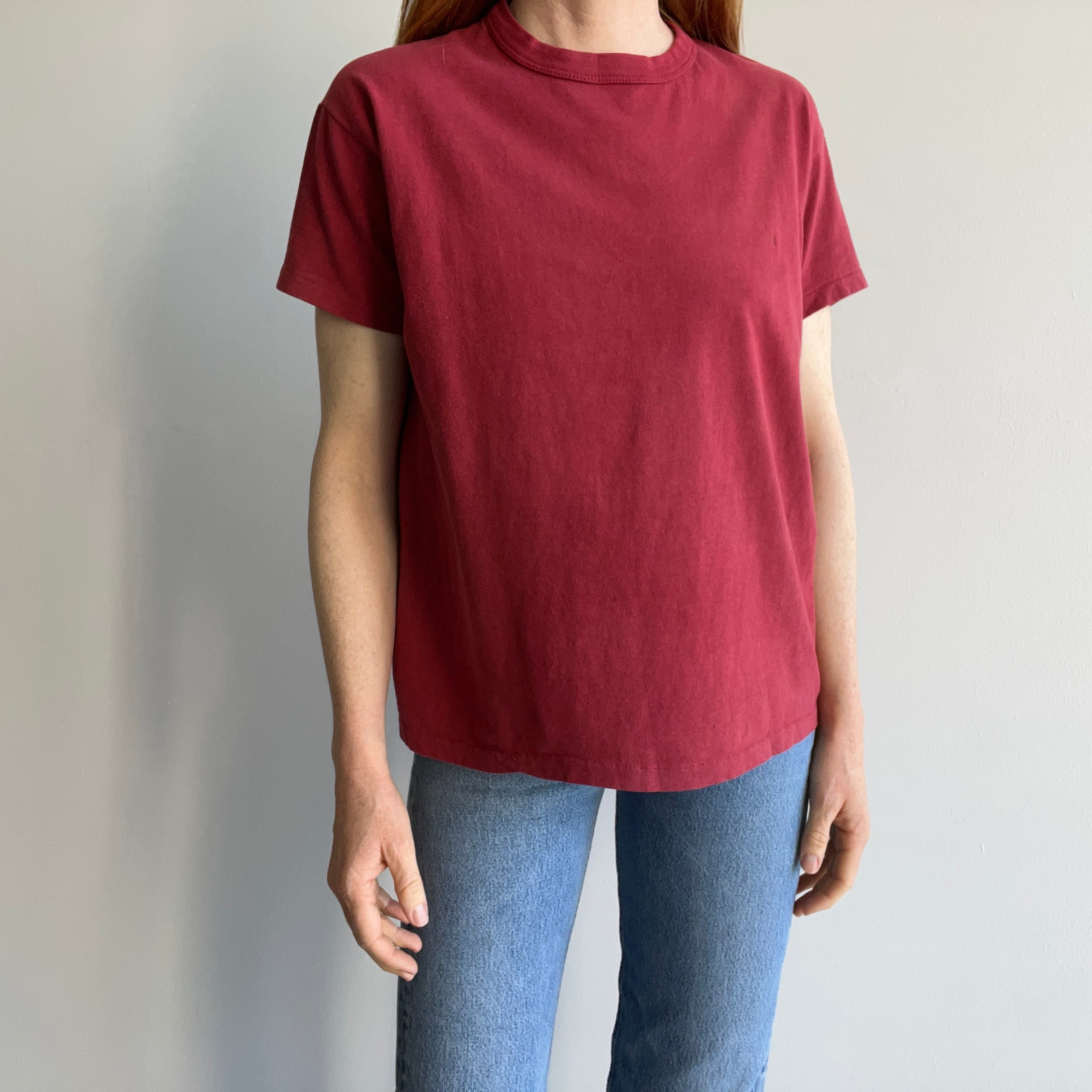 1980s Faded Cotton Rolled Neck Russell Brick Colored T-Shirt