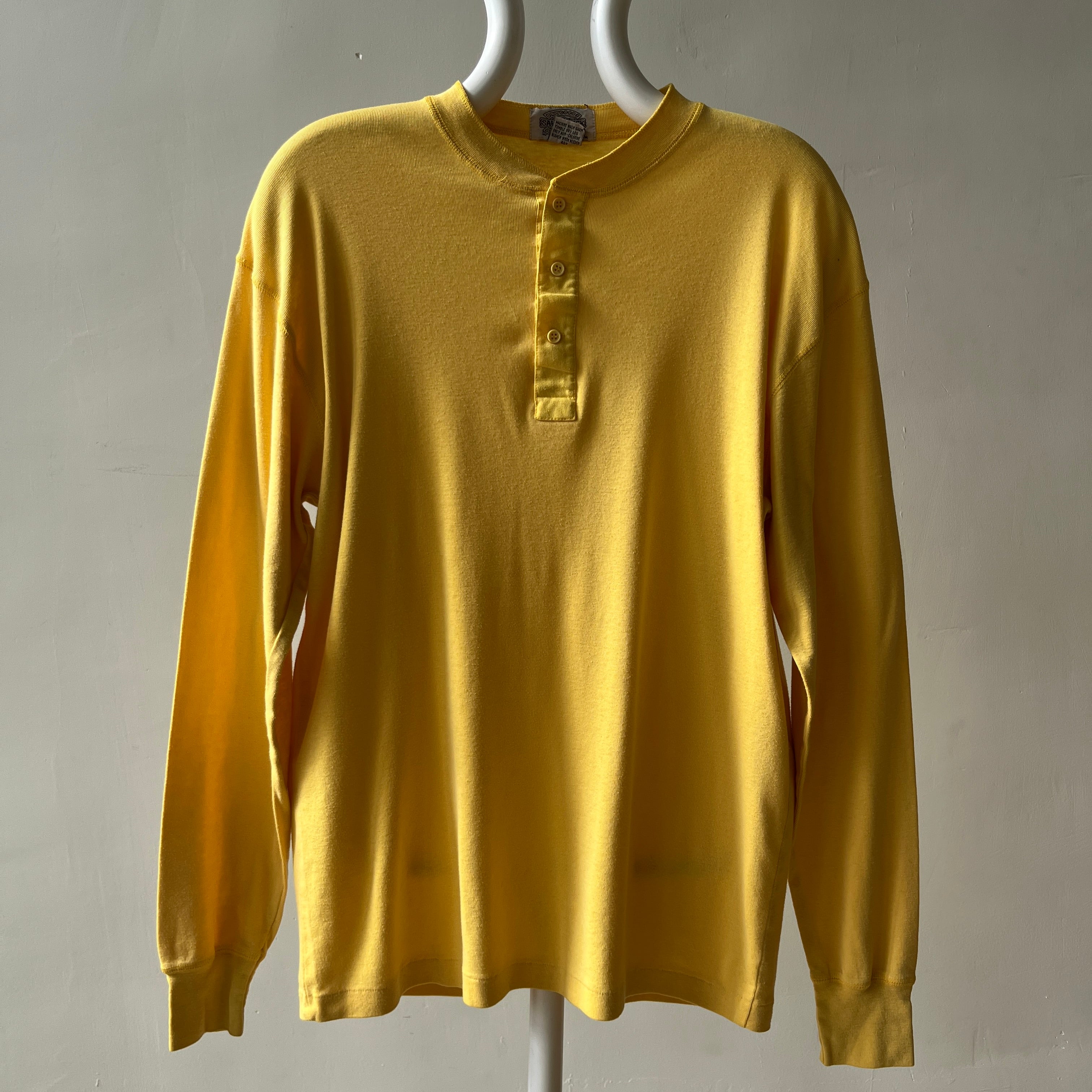 1980s Pastel Yellow Henley Long Sleeve T Shirt - !!!!