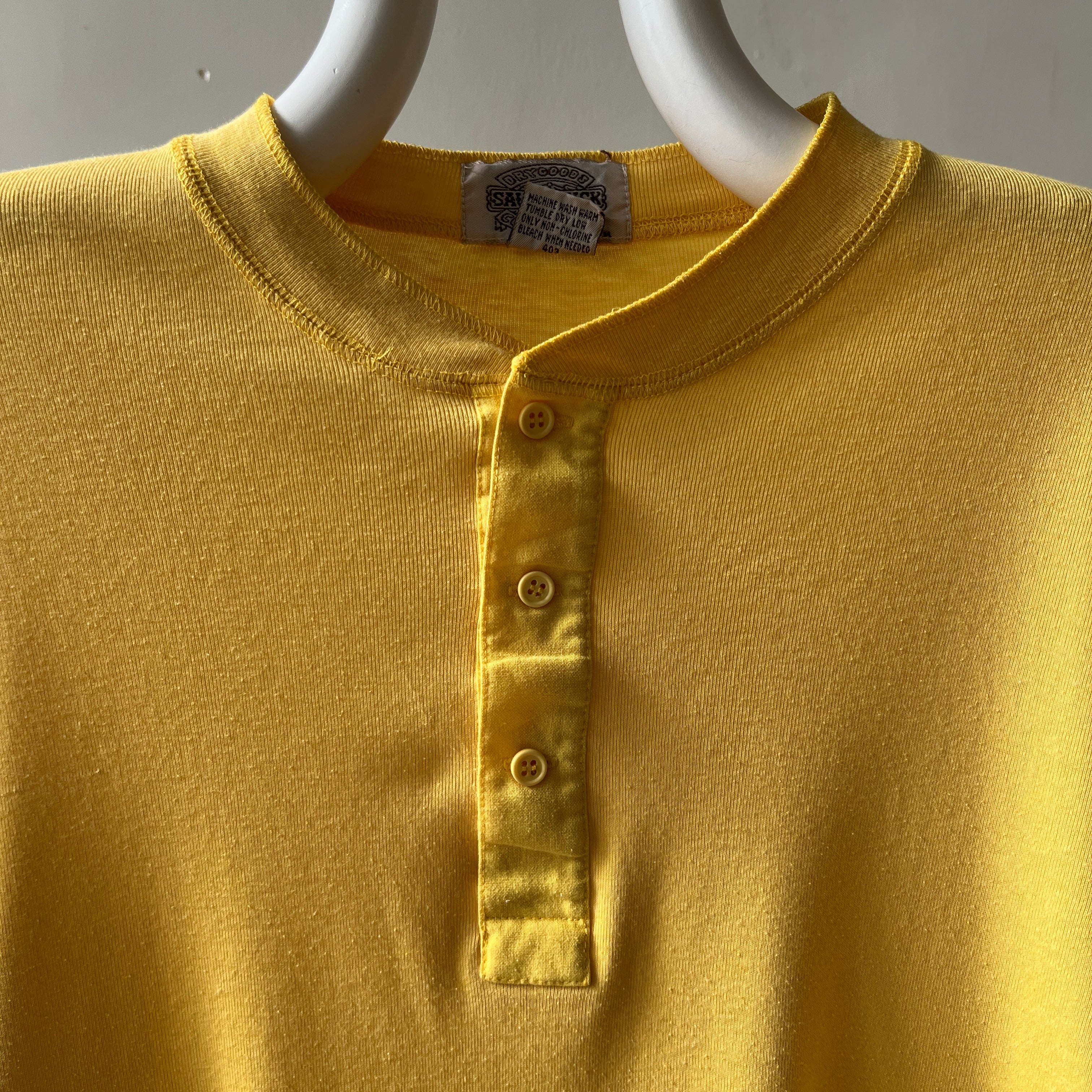 1980s Pastel Yellow Henley Long Sleeve T Shirt - !!!!