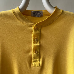 1980s Pastel Yellow Henley Long Sleeve T Shirt - !!!!