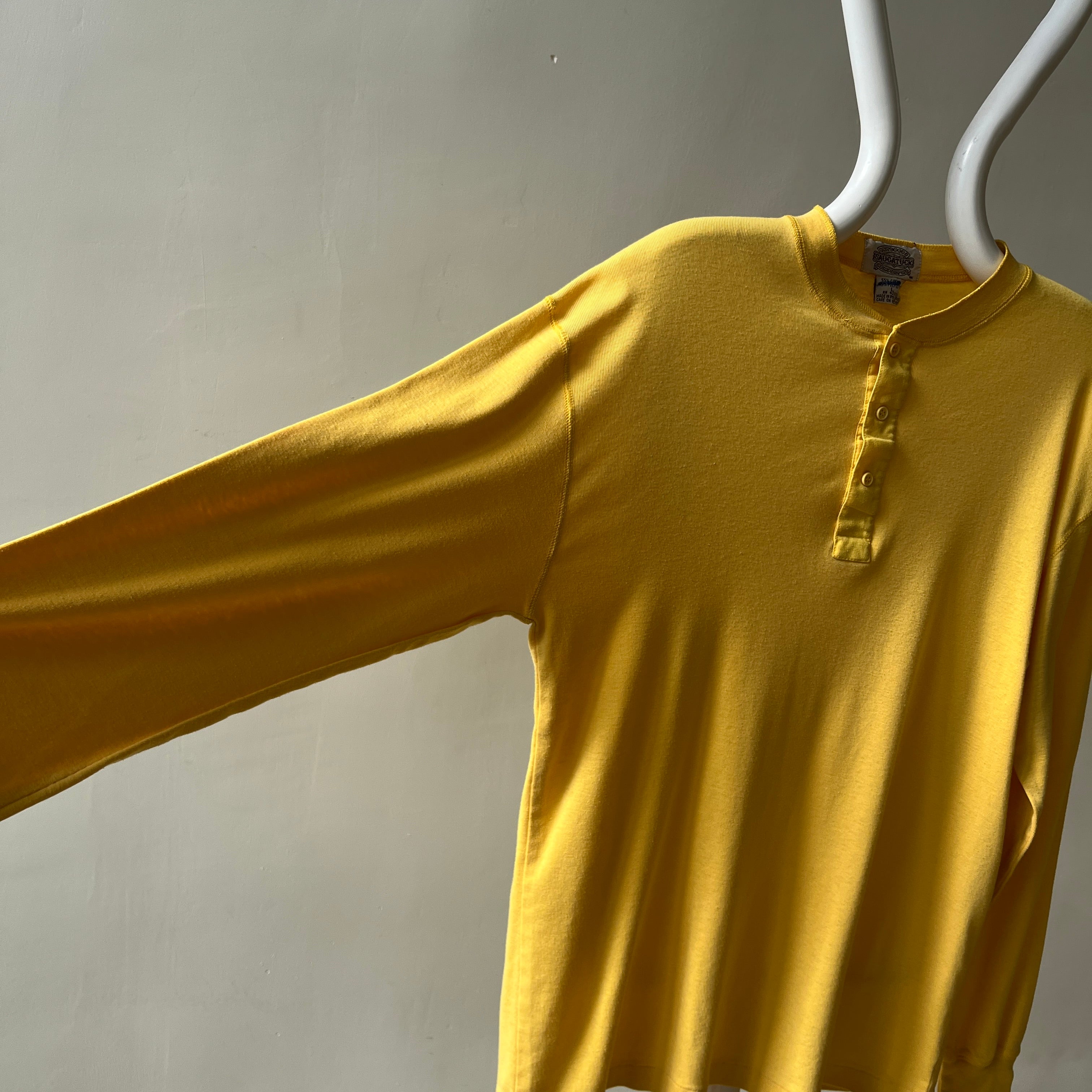 1980s Pastel Yellow Henley Long Sleeve T Shirt - !!!!