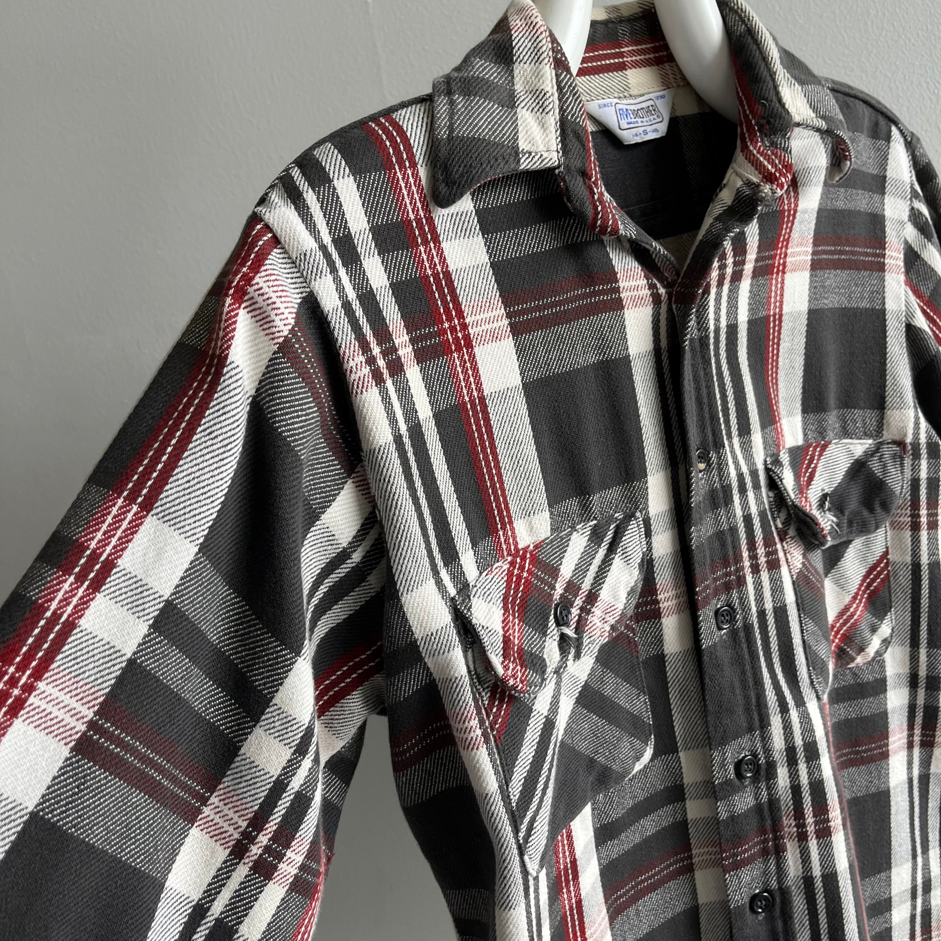 1980s/90s Five Brothers Dark Gray and Burgundy Cotton Flannel