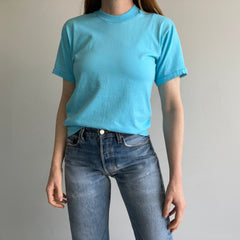 1980s Like New Sea Foam Blue Screen Stars T-Shirt with Mending on the backside