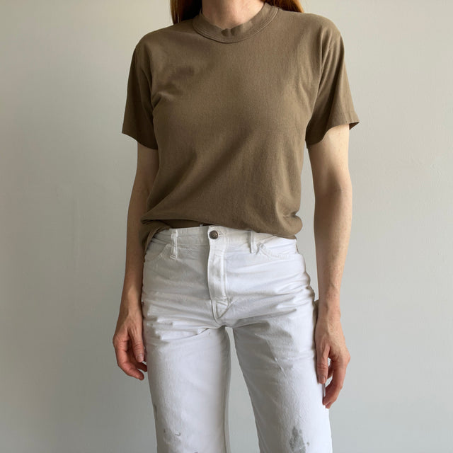 1980s Flat White Colored Blank Brown Rolled Neck T-Shirt