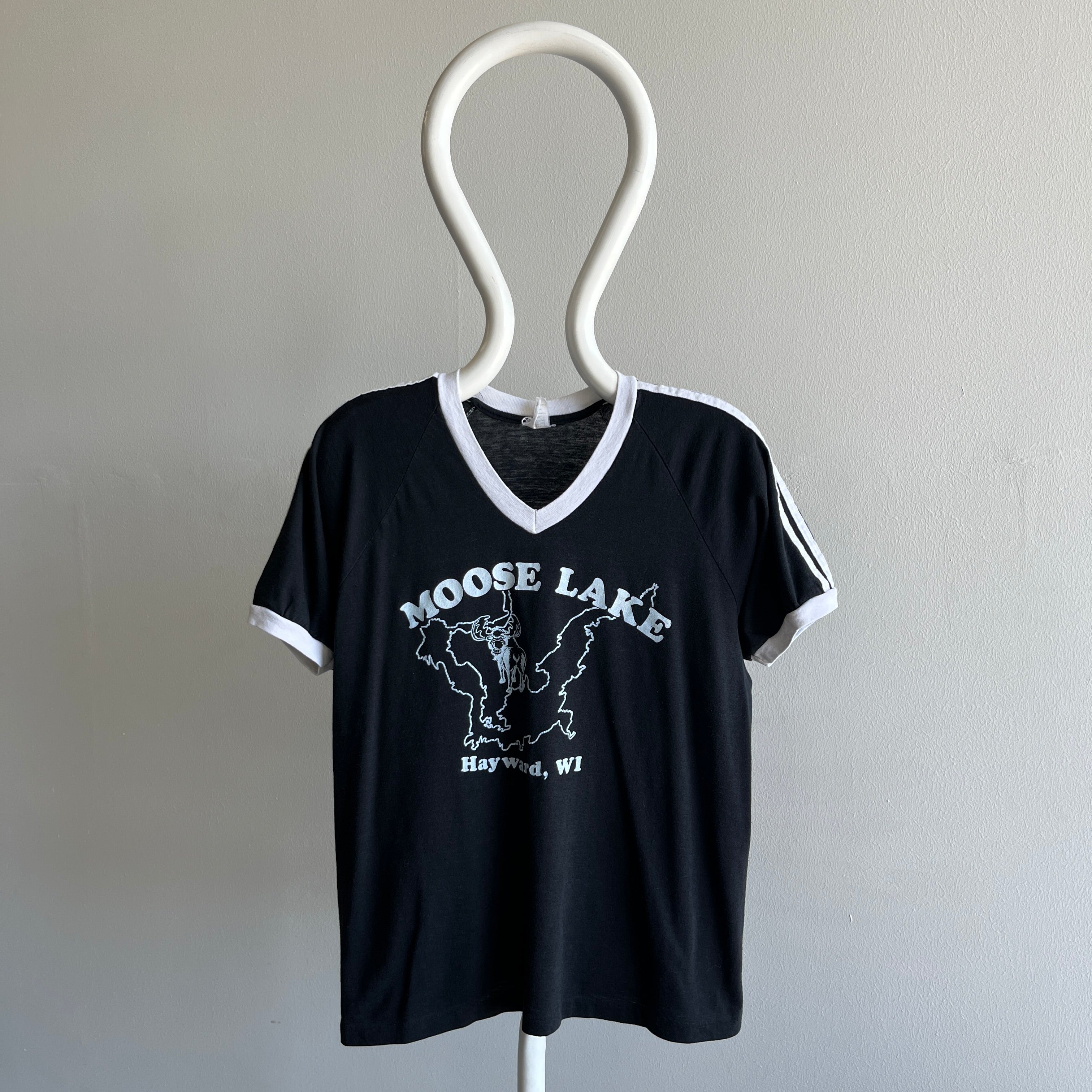 1970s Moose Lake V-Neck Triple Stripe Ring T-Shirt