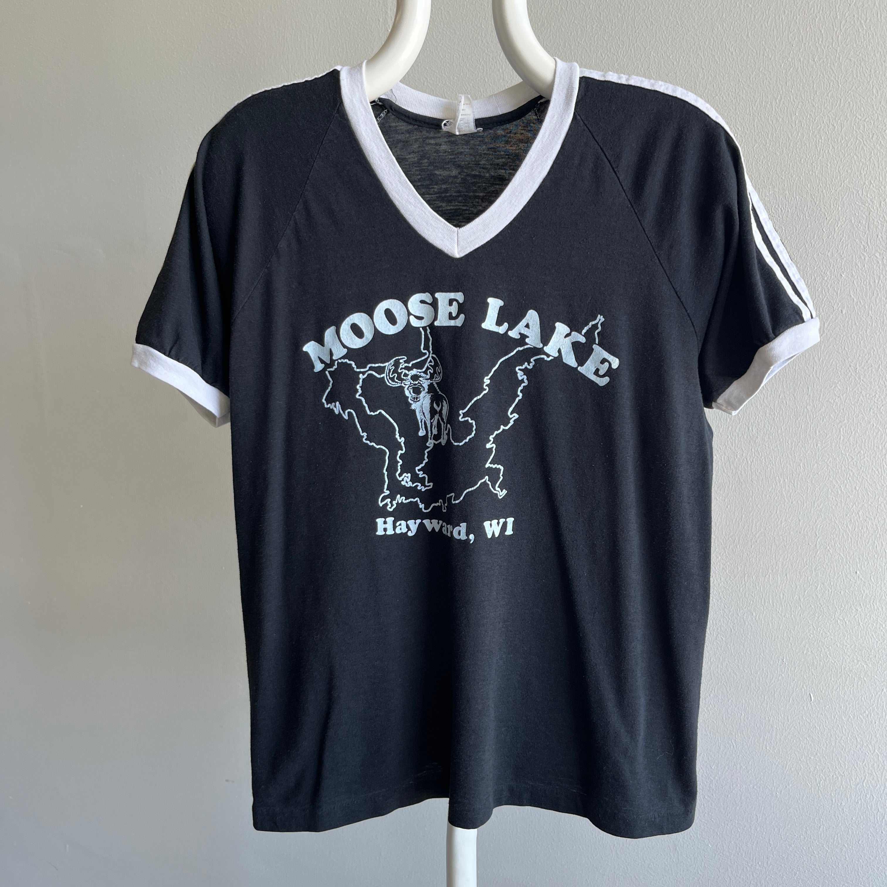 1970s Moose Lake V-Neck Triple Stripe Ring T-Shirt