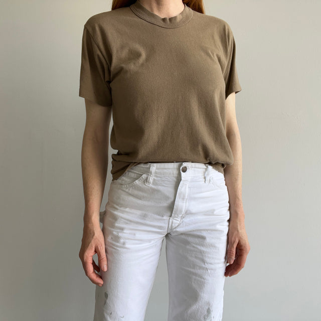 1980s Flat White Colored Blank Brown Rolled Neck T-Shirt