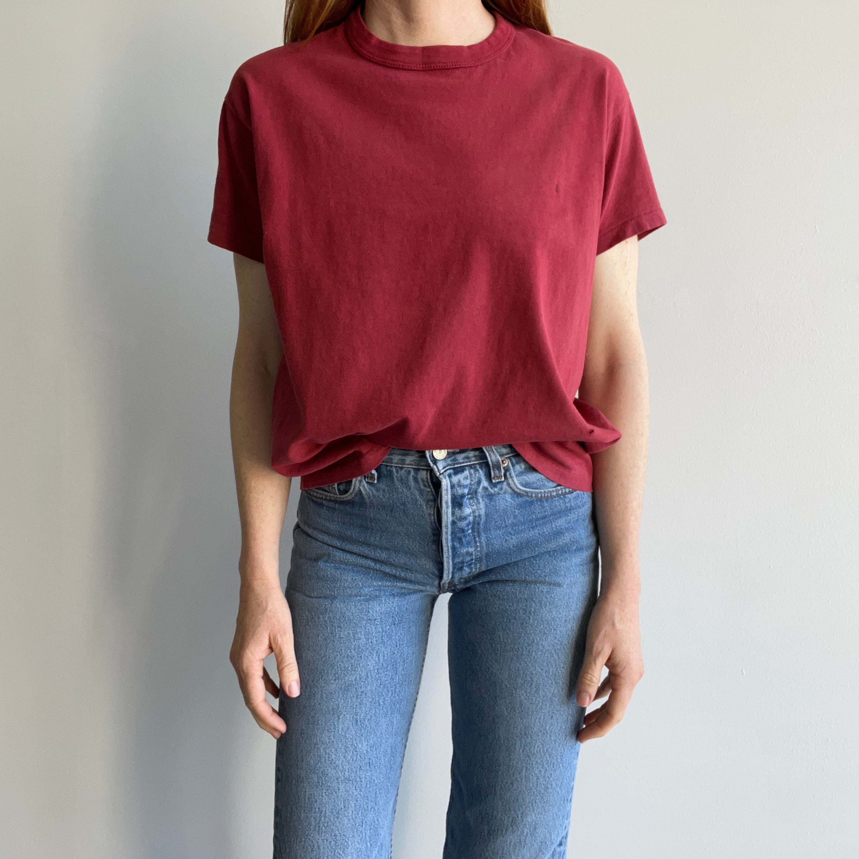 1980s Faded Cotton Rolled Neck Russell Brick Colored T-Shirt