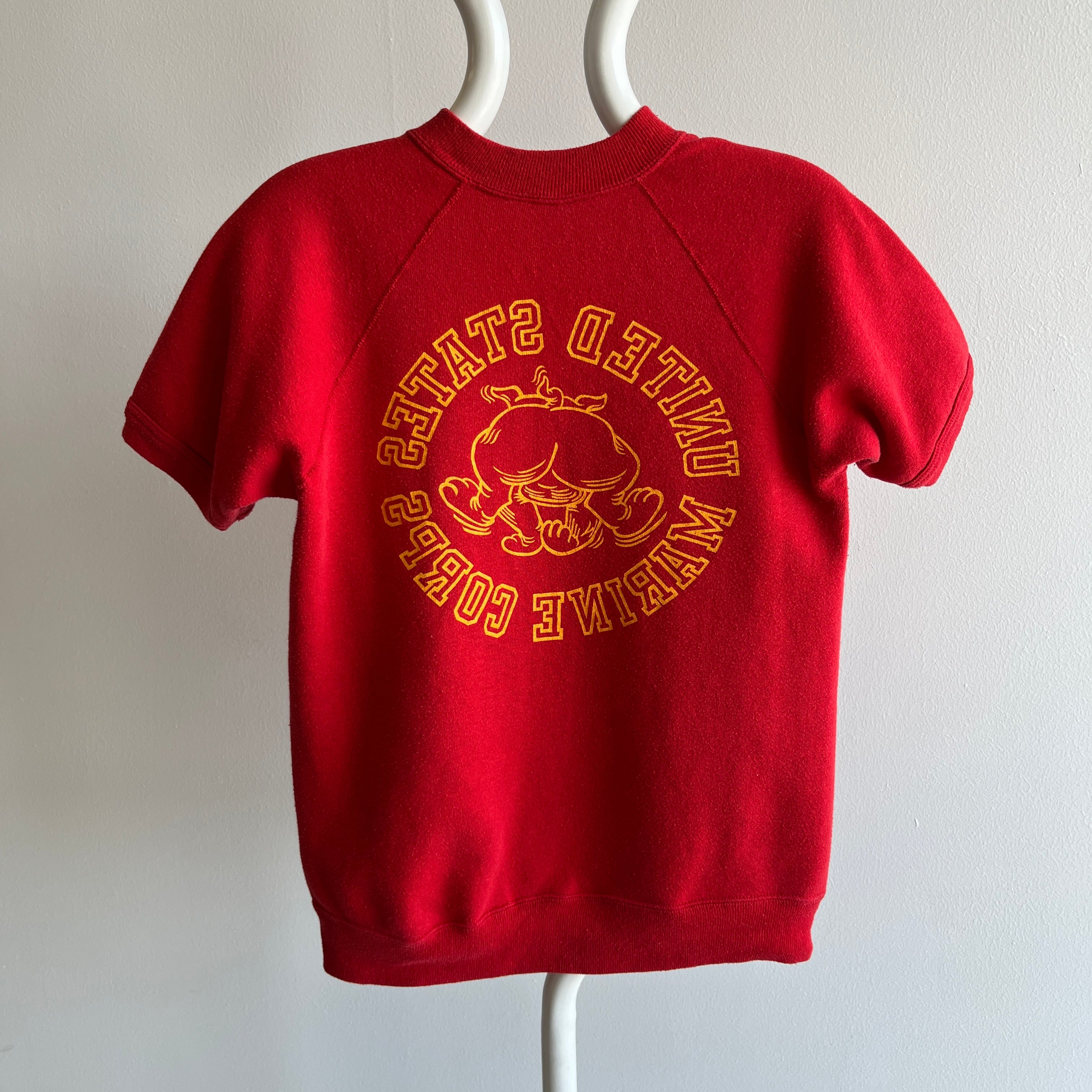 1980s United States Marine Corps Front and Back (!!!) Short Sleeve Warm Up Sweatshirt