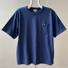 1980s Blank Navy Blue Pocket T Shirt - with a single perfect button