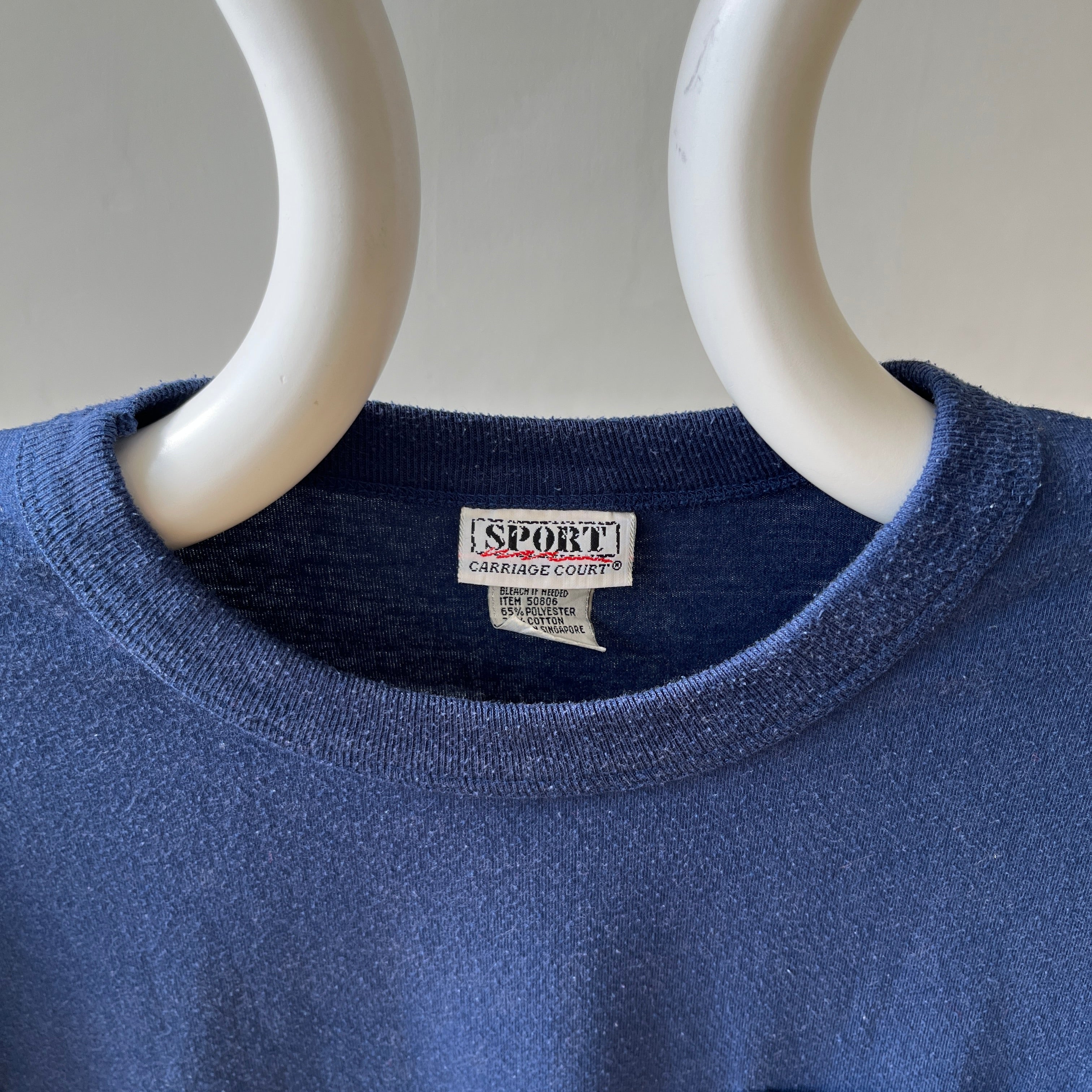 1980s Blank Navy Blue Pocket T Shirt - with a single perfect button