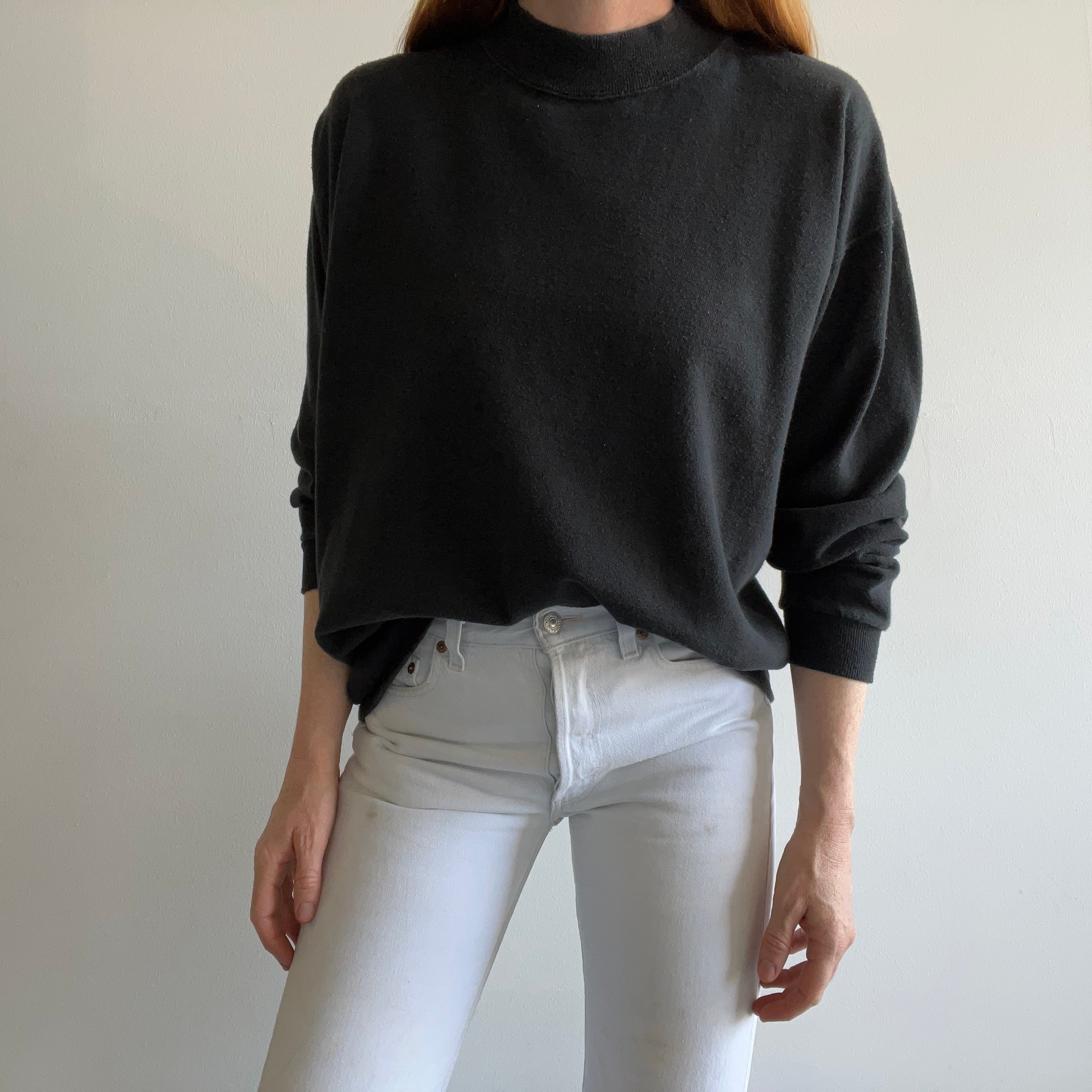 1980/90s 100% Cotton/USA Made Blank Black Mock Neck Shirt/Sweatshirt